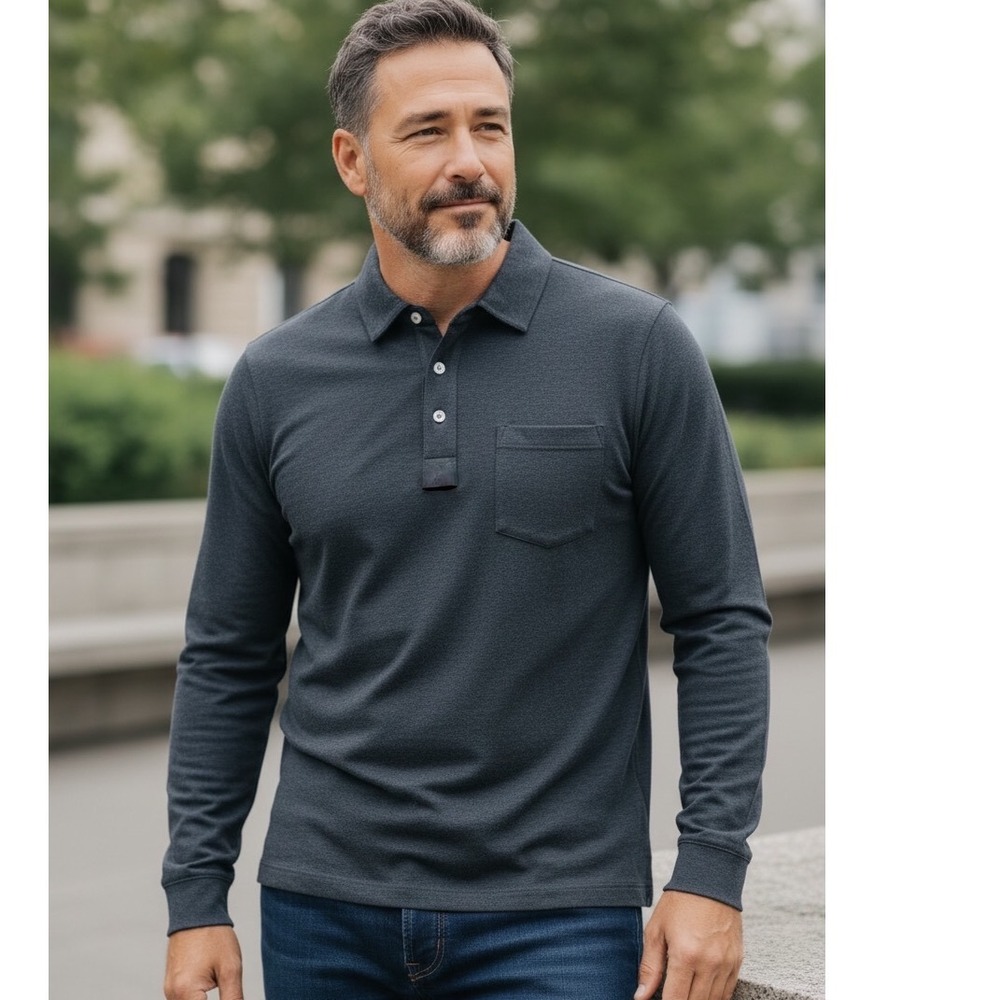 Billy Reid Mens Long‎ Sleeve Polo Shirt Charcoal Gray Knit Chest Pocket Size M